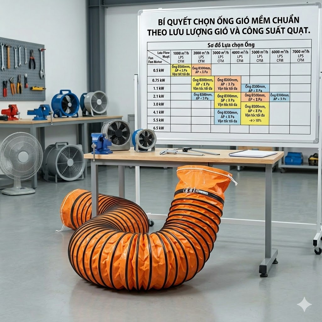 Bí quyết chọn ống gió mềm chuẩn theo lưu lượng gió và công suất quạt
